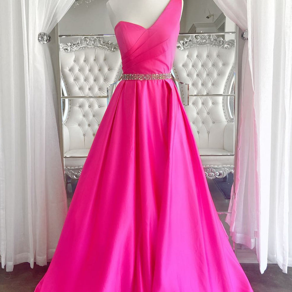 One Shoulder Open Back Pink Long Prom Dresses with Belt, One Shoulder Pink Formal Dresses, Pink Evening Dresses 