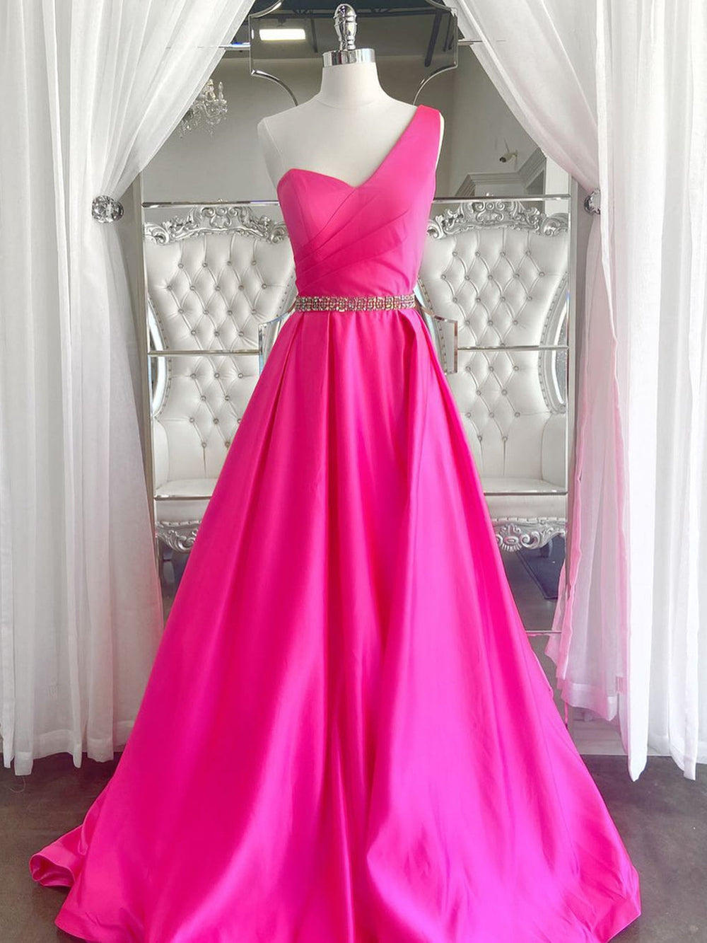 One Shoulder Open Back Pink Long Prom Dresses with Belt, One Shoulder Pink Formal Dresses, Pink Evening Dresses 