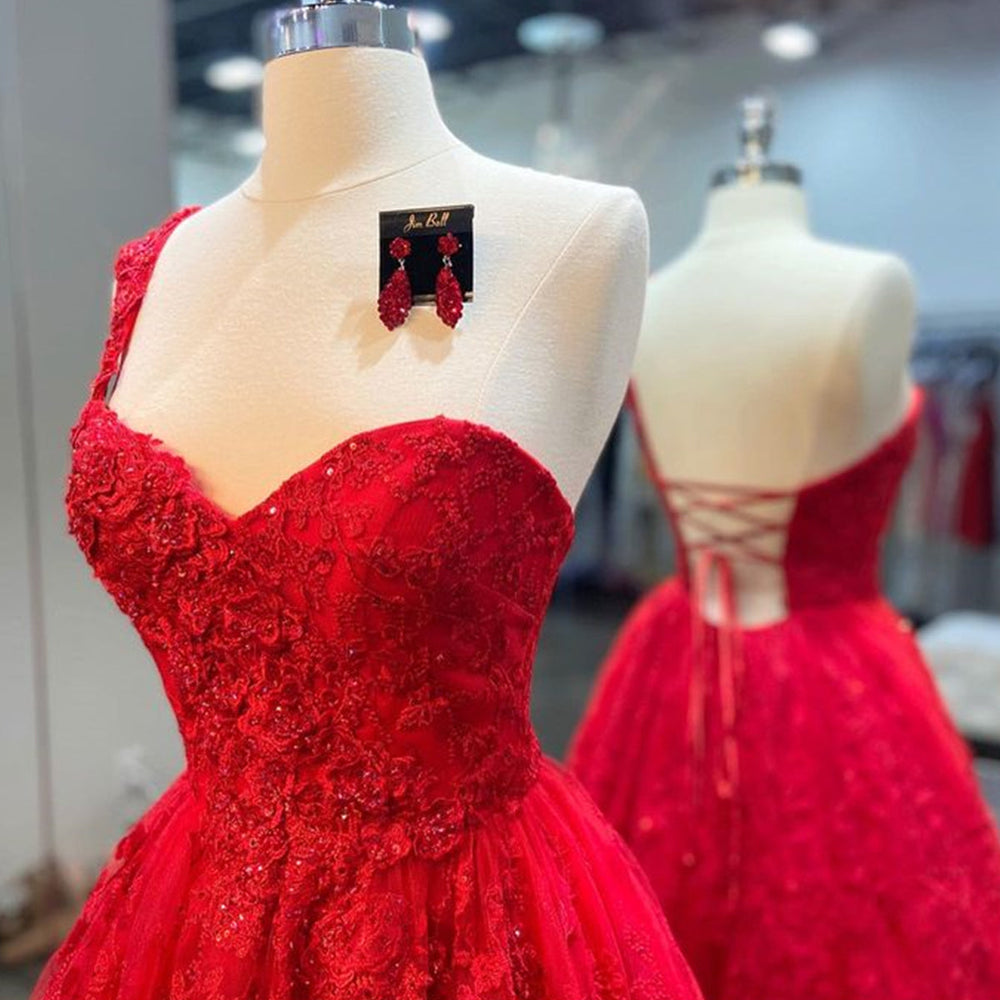 
                      
                        One Shoulder Sweetheart Neck Red Lace Long Prom Dresses, Red Lace Formal Dresses, Red Evening Dresses 
                      
                    