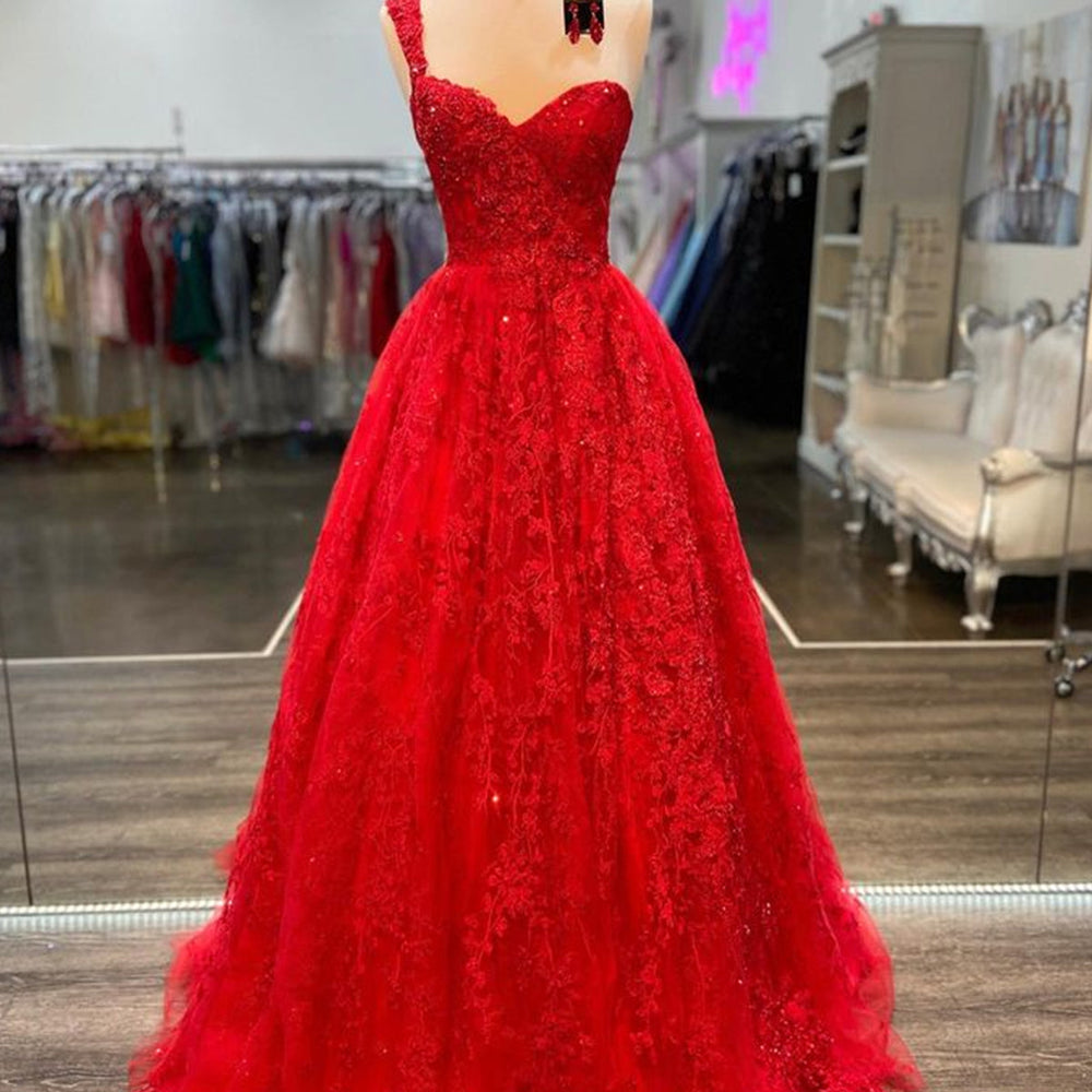 
                      
                        One Shoulder Sweetheart Neck Red Lace Long Prom Dresses, Red Lace Formal Dresses, Red Evening Dresses 
                      
                    