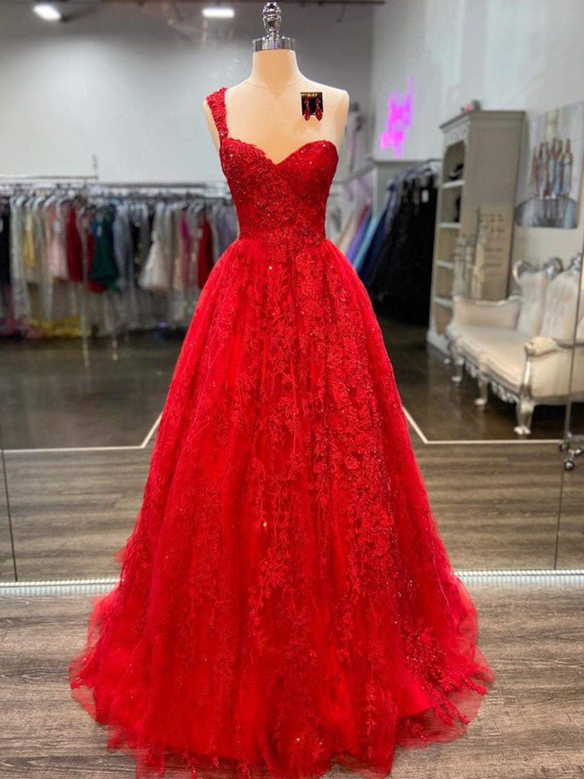 One Shoulder Sweetheart Neck Red Lace Long Prom Dresses, Red Lace Formal Dresses, Red Evening Dresses 