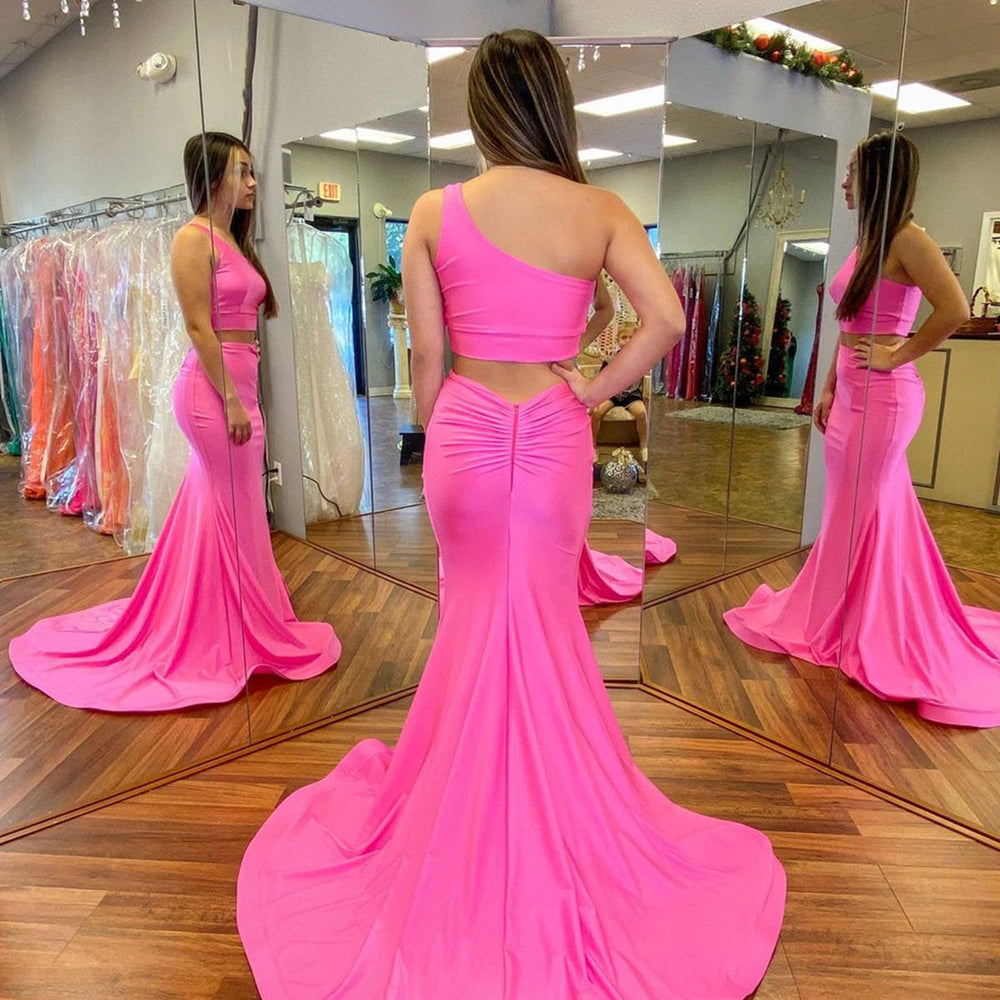 
                      
                        One Shoulder Two Pieces Pink Long Prom Dresses, 2 Pieces Pink Formal Graduation Evening Dresses 
                      
                    