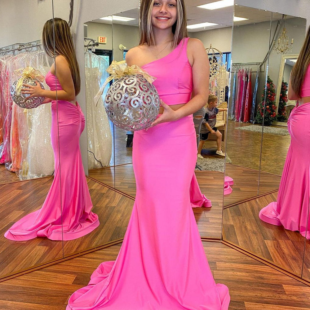 
                      
                        One Shoulder Two Pieces Pink Long Prom Dresses, 2 Pieces Pink Formal Graduation Evening Dresses 
                      
                    