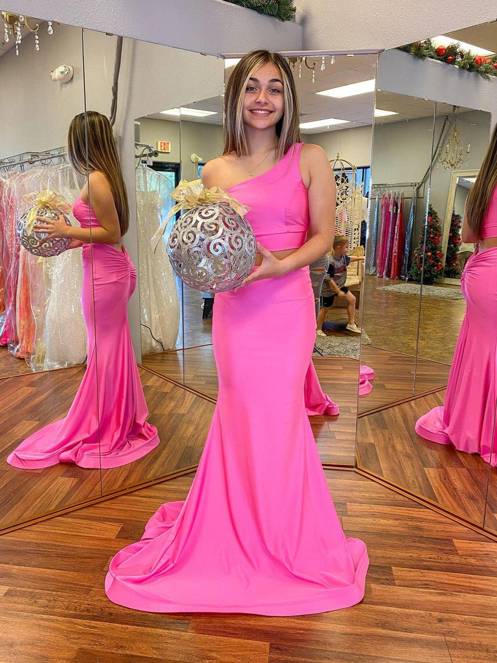 One Shoulder Two Pieces Pink Long Prom Dresses, 2 Pieces Pink Formal Graduation Evening Dresses 