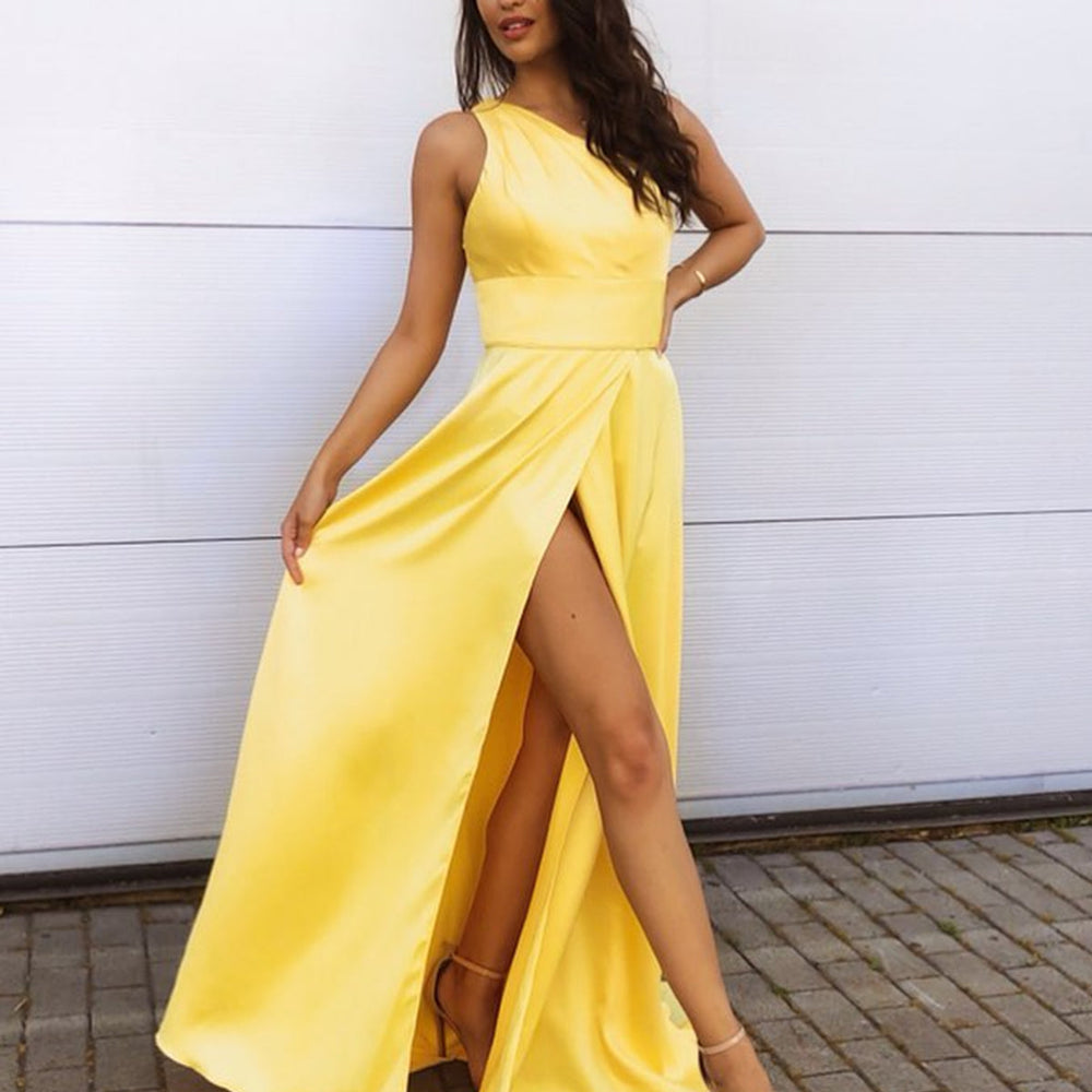 
                      
                        One Shoulder Yellow Satin Long Prom Dresses with High Slit, One Shoulder Yellow Formal Dresses, Yellow Evening Dresses
                      
                    