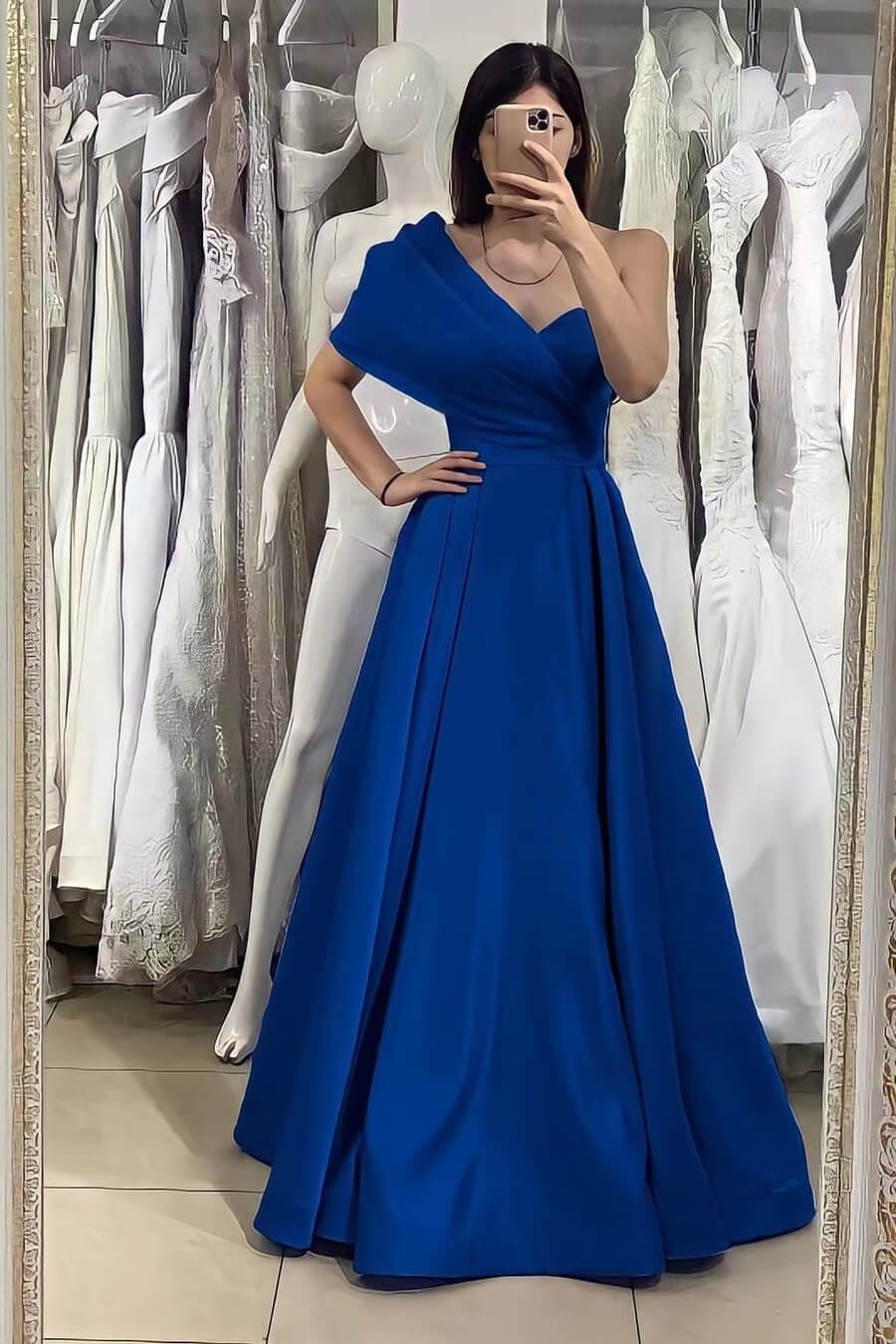 Online Elegant Royal Blue One Shoulder Sweetheart Evening Dress With Off-The-Shoulder