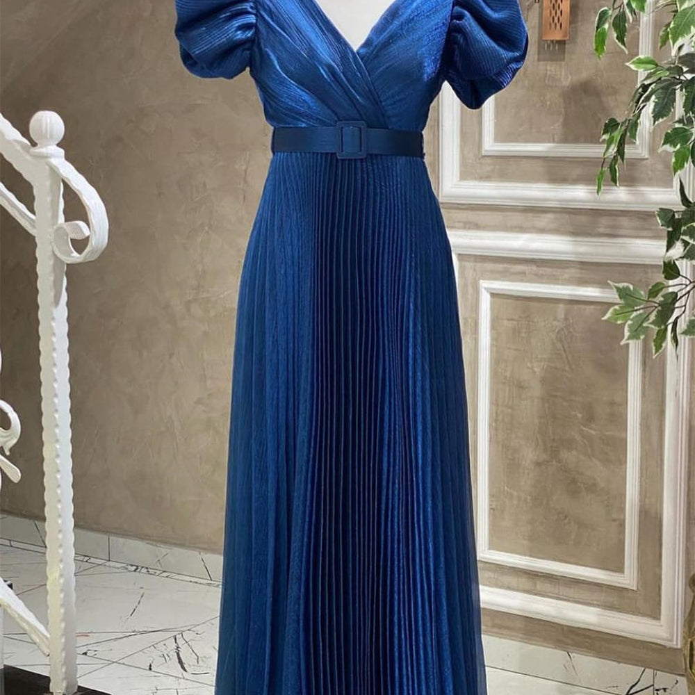 Online Royal Blue V-Neck Evening Dress with Short Sleeves and Belt