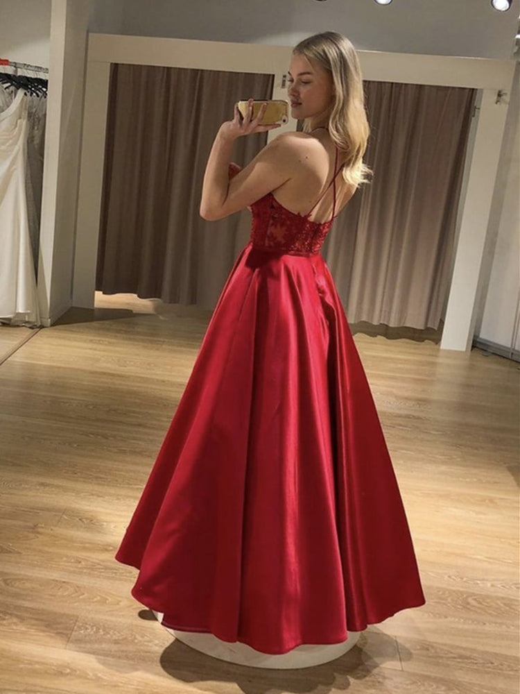 
                      
                        Open Back Floor Length Long Red Lace Prom Dresses with Straps, Backless Red Lace Formal Graduation Evening Dresses
                      
                    