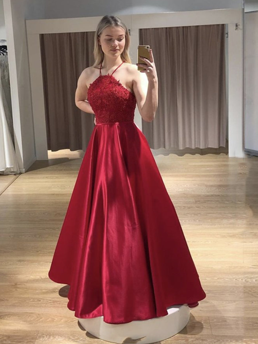 Open Back Floor Length Long Red Lace Prom Dresses with Straps, Backless Red Lace Formal Graduation Evening Dresses