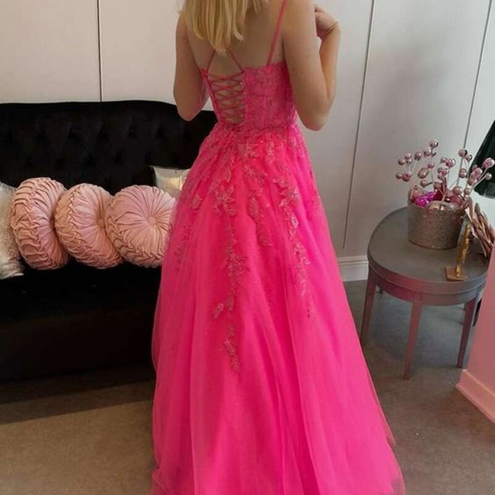 
                      
                        Open Back Hot Pink Tulle Lace Long Prom Dresses, Hot Pink Lace Formal Graduation Evening Dresses 
                      
                    