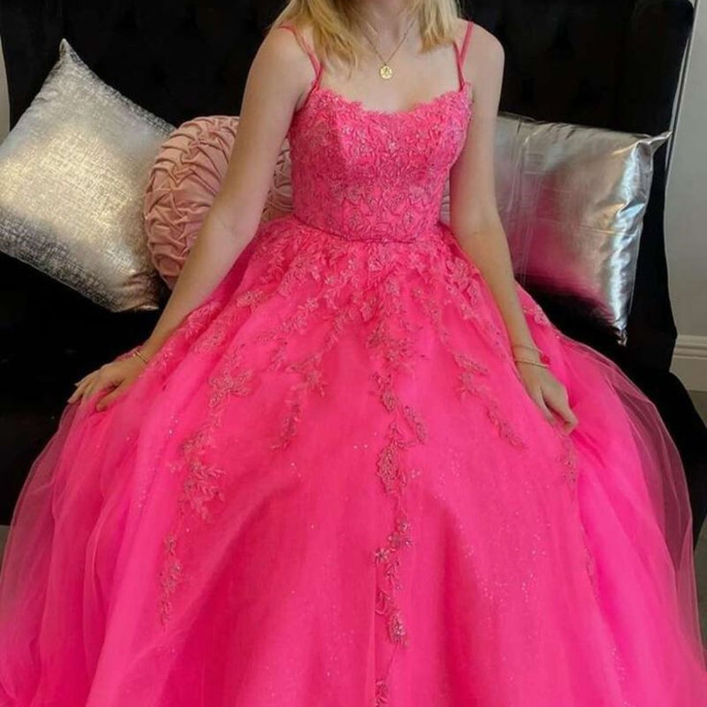 
                      
                        Open Back Hot Pink Tulle Lace Long Prom Dresses, Hot Pink Lace Formal Graduation Evening Dresses 
                      
                    