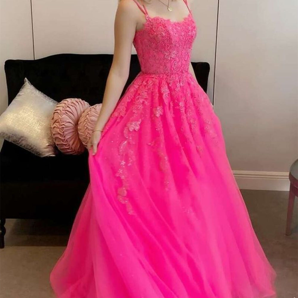 Open Back Hot Pink Tulle Lace Long Prom Dresses, Hot Pink Lace Formal Graduation Evening Dresses 