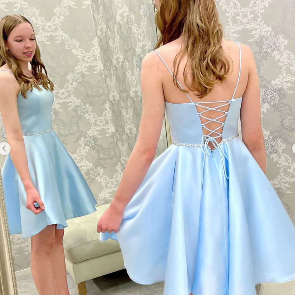 
                      
                        Open Back Light Blue Short Prom Homecoming Dresses with Belt, Light Blue Formal Graduation Evening Dresses 
                      
                    