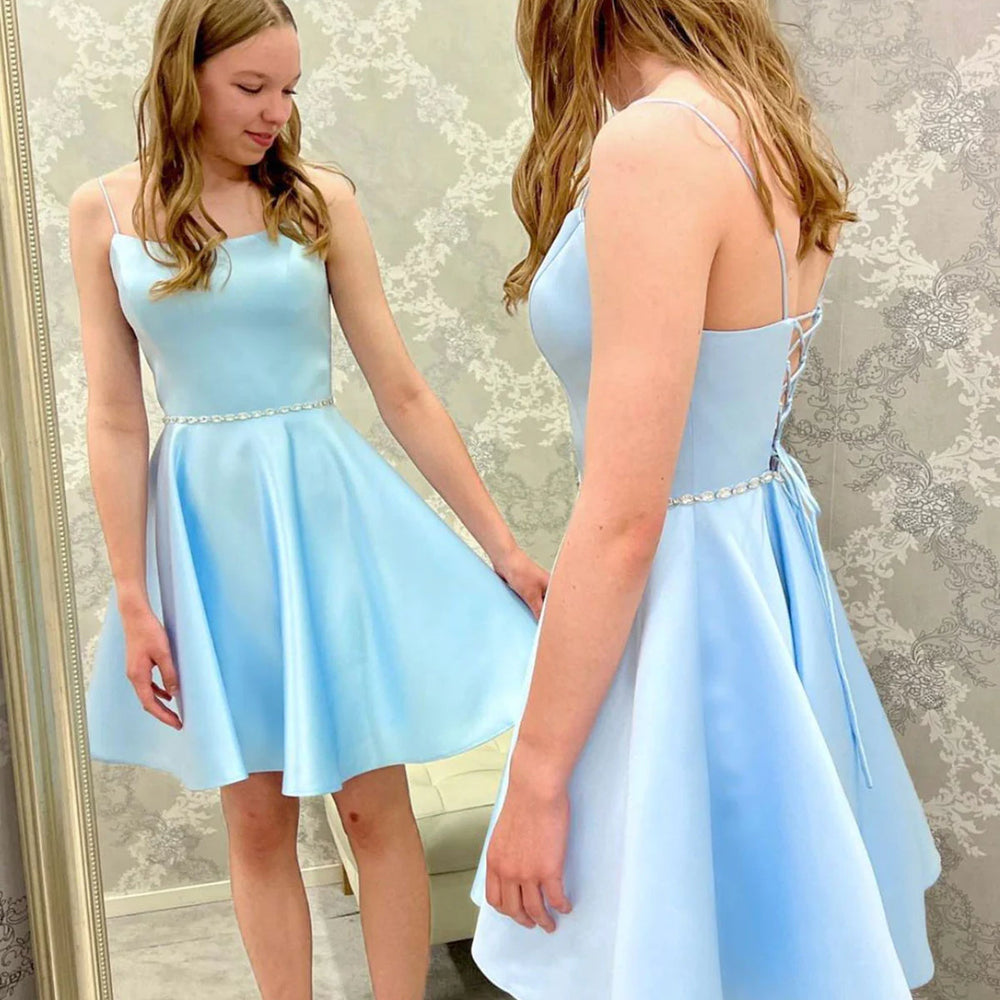 
                      
                        Open Back Light Blue Short Prom Homecoming Dresses with Belt, Light Blue Formal Graduation Evening Dresses 
                      
                    