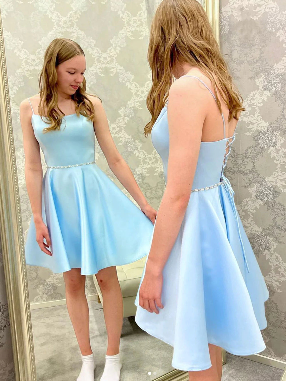 Open Back Light Blue Short Prom Homecoming Dresses with Belt, Light Blue Formal Graduation Evening Dresses 