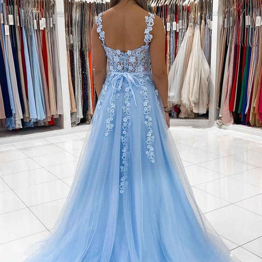 
                      
                        Open Back Light Blue Tulle Lace Floral Long Prom Dresses, Light Blue Lace Formal Graduation Evening Dresses with 3D Flowers 
                      
                    