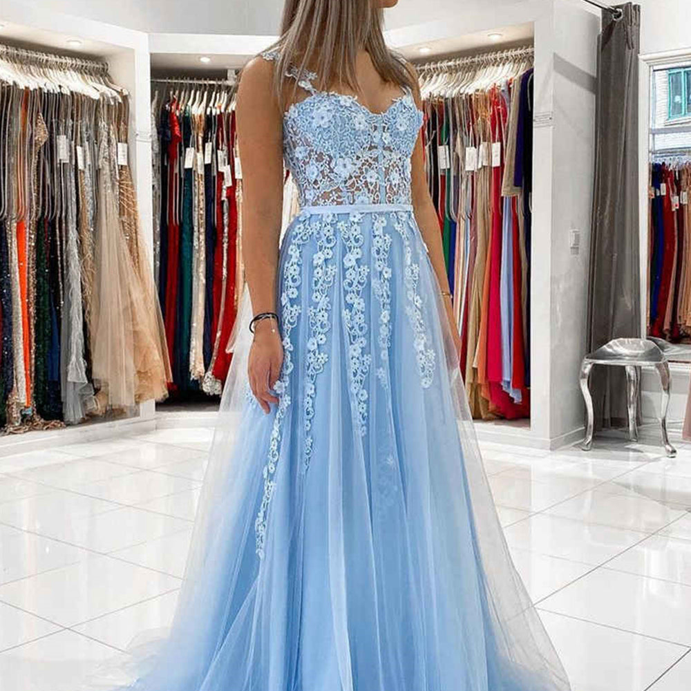 Open Back Light Blue Tulle Lace Floral Long Prom Dresses, Light Blue Lace Formal Graduation Evening Dresses with 3D Flowers 