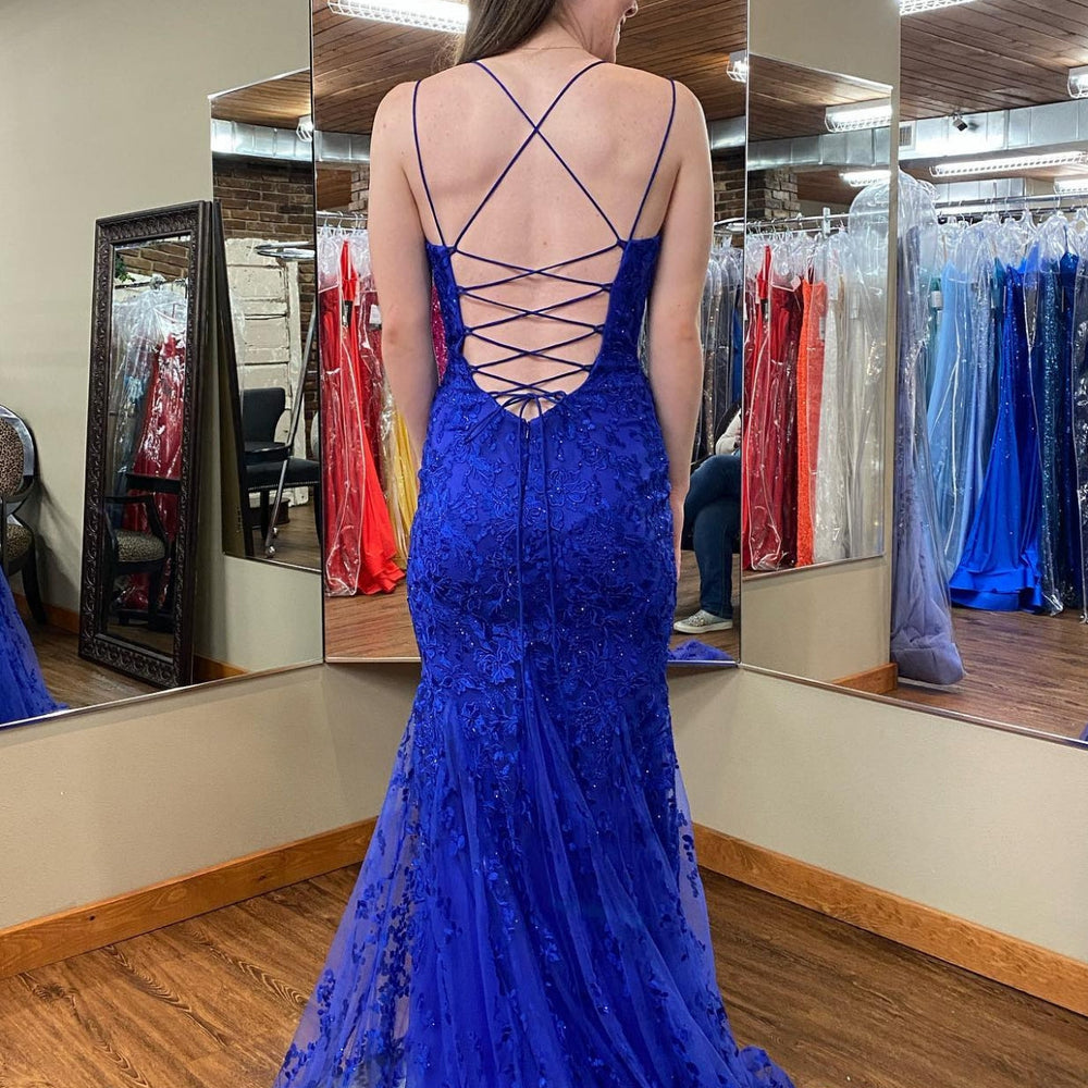 
                      
                        Open Back Mermaid Blue Lace Long Prom Dresses, Blue Lace Formal Dresses, Mermaid Blue Evening Dresses 
                      
                    