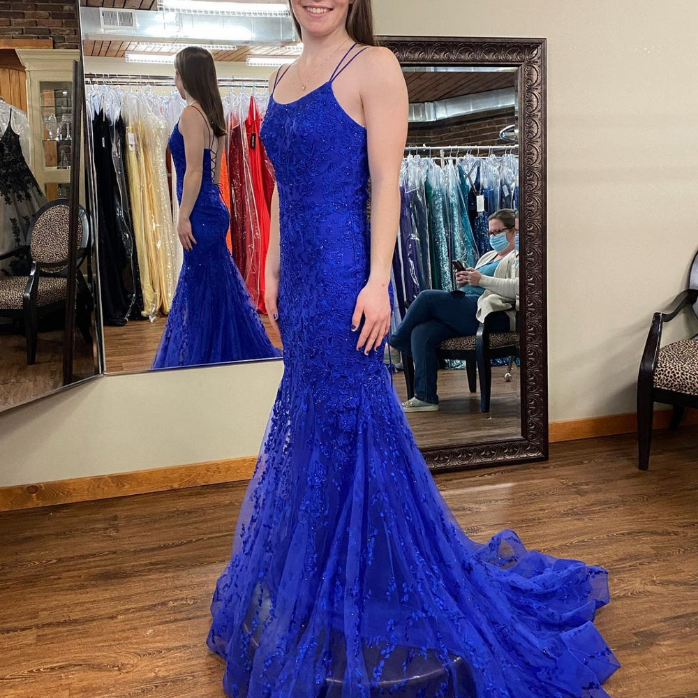 
                      
                        Open Back Mermaid Blue Lace Long Prom Dresses, Blue Lace Formal Dresses, Mermaid Blue Evening Dresses 
                      
                    