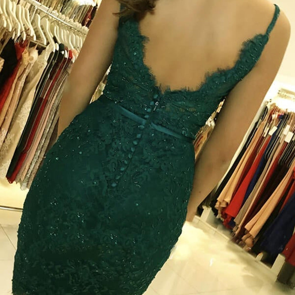 
                      
                        Open Back Mermaid Dark Green Lace Short Prom Homecoming Dresses, Dark Green Lace Formal Graduation Evening Dresses 
                      
                    