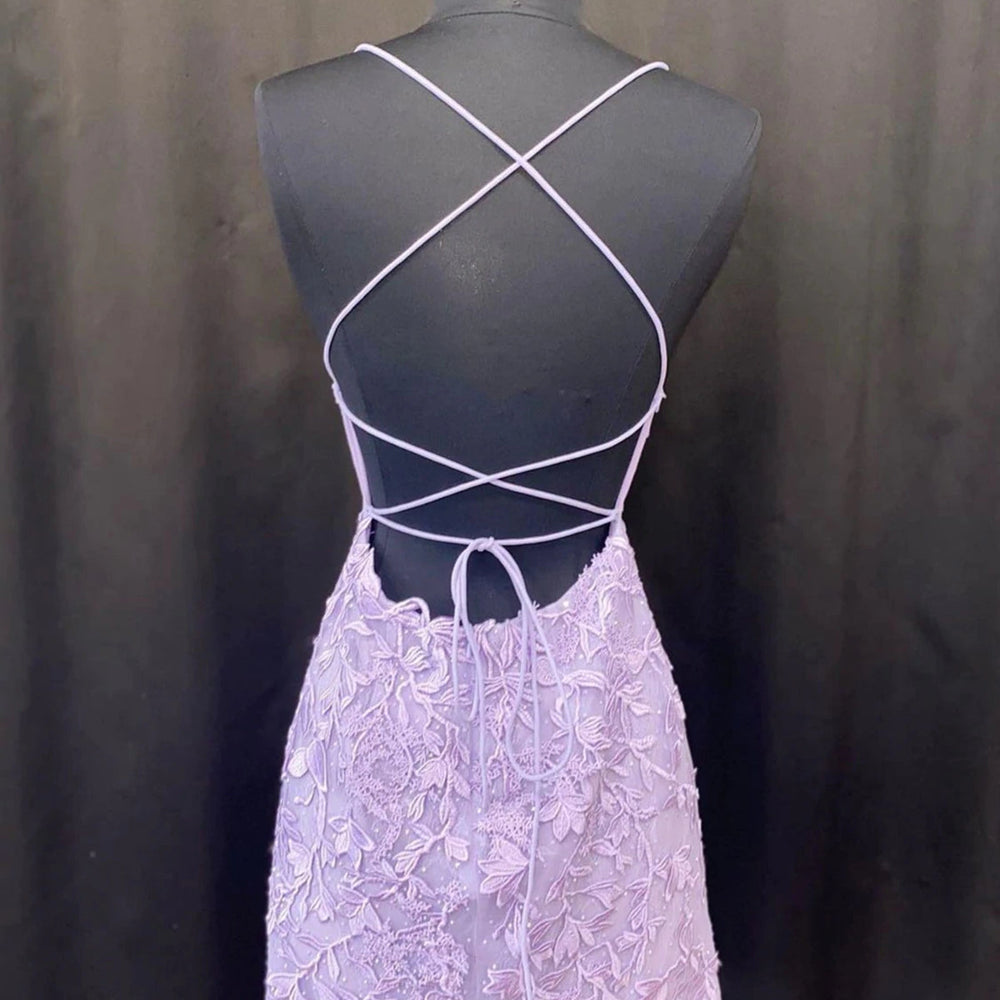 
                      
                        Open Back Purple Lace Short Prom Dresses, Backless Purple Homecoming Dresses, Purple Lace Formal Evening Dresses 
                      
                    