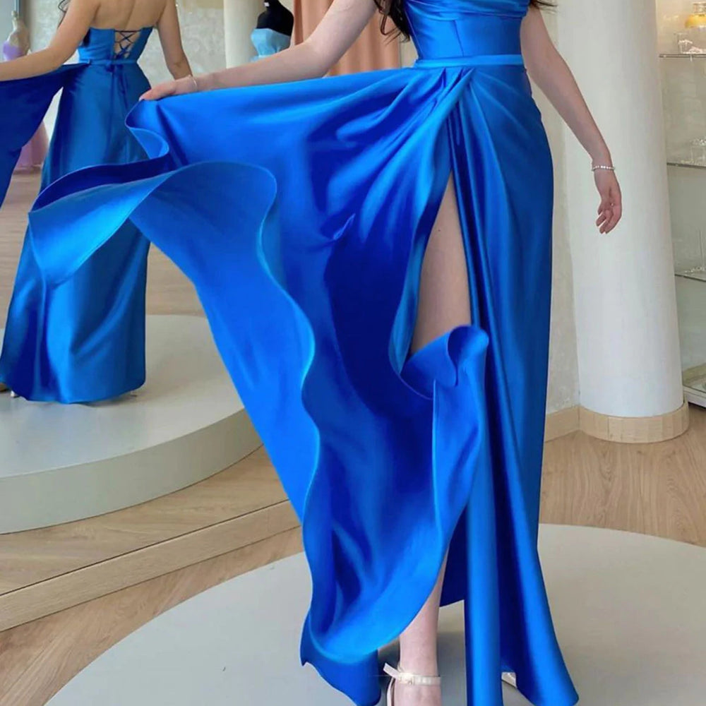 Open Back Royal Blue Long Prom Dresses with High Slit, Long Blue Formal Graduation Evening Dresses 