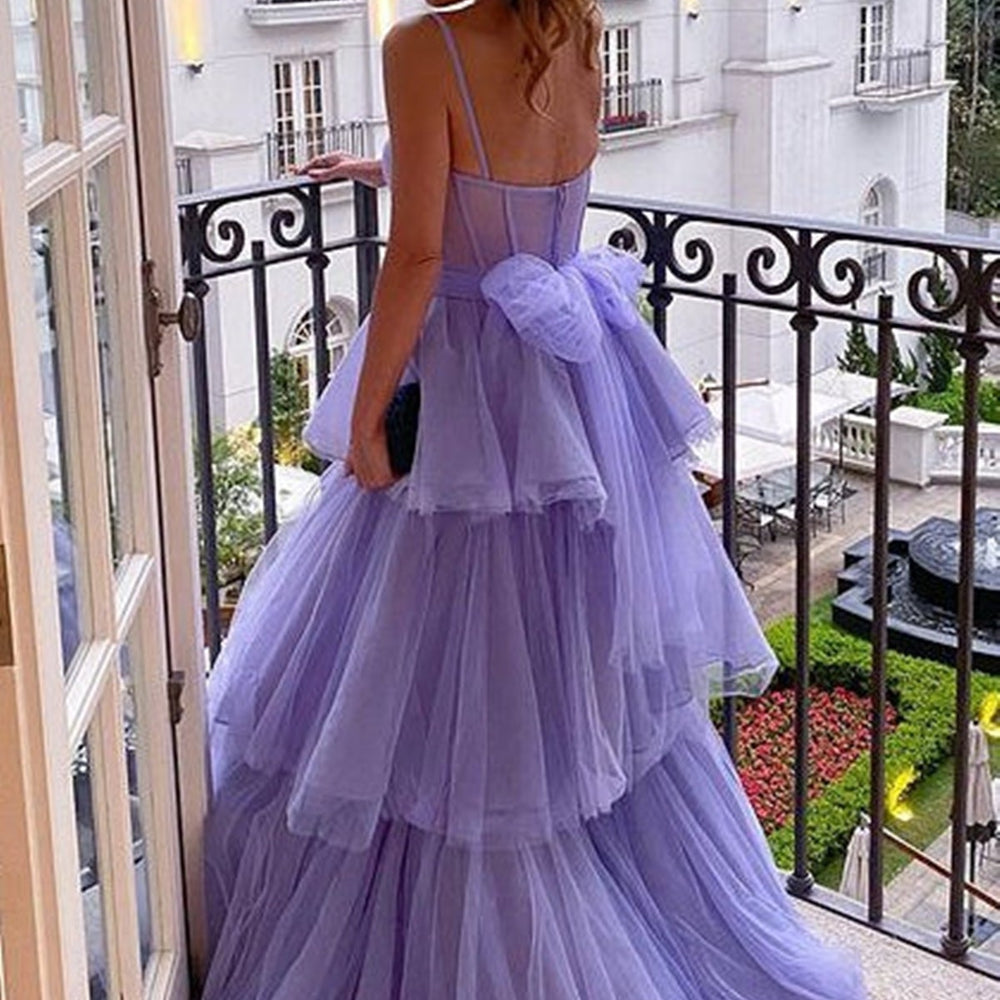 
                      
                        Open Back tti Straps Lilac Tulle Layered Long Prom Dresses, Purple Tulle Formal Evening Dresses 
                      
                    