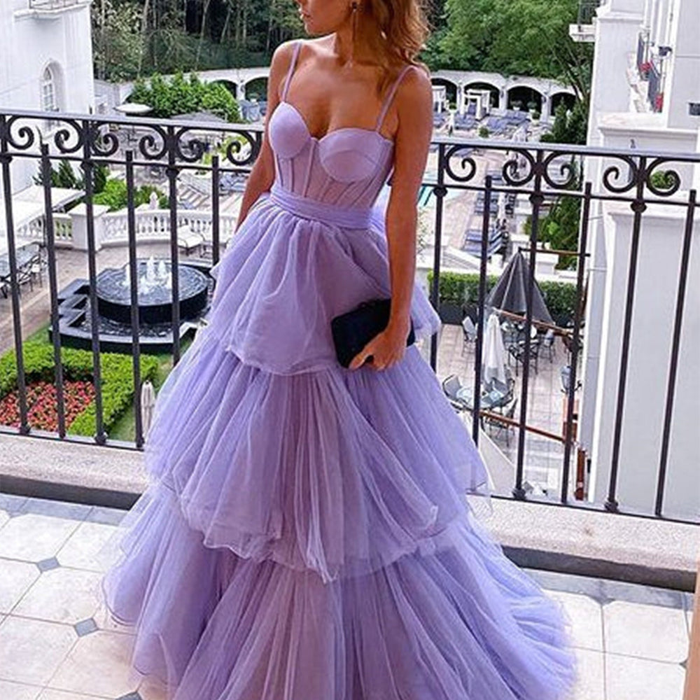 
                      
                        Open Back tti Straps Lilac Tulle Layered Long Prom Dresses, Purple Tulle Formal Evening Dresses 
                      
                    