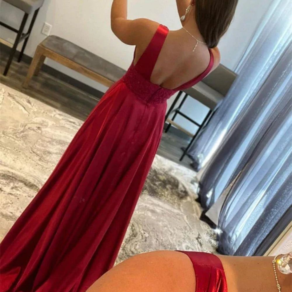 
                      
                        Open Back V Neck Burgundy Long Prom Dresses with High Slit, V Neck Burgundy Formal Graduation Evening Dresses 
                      
                    