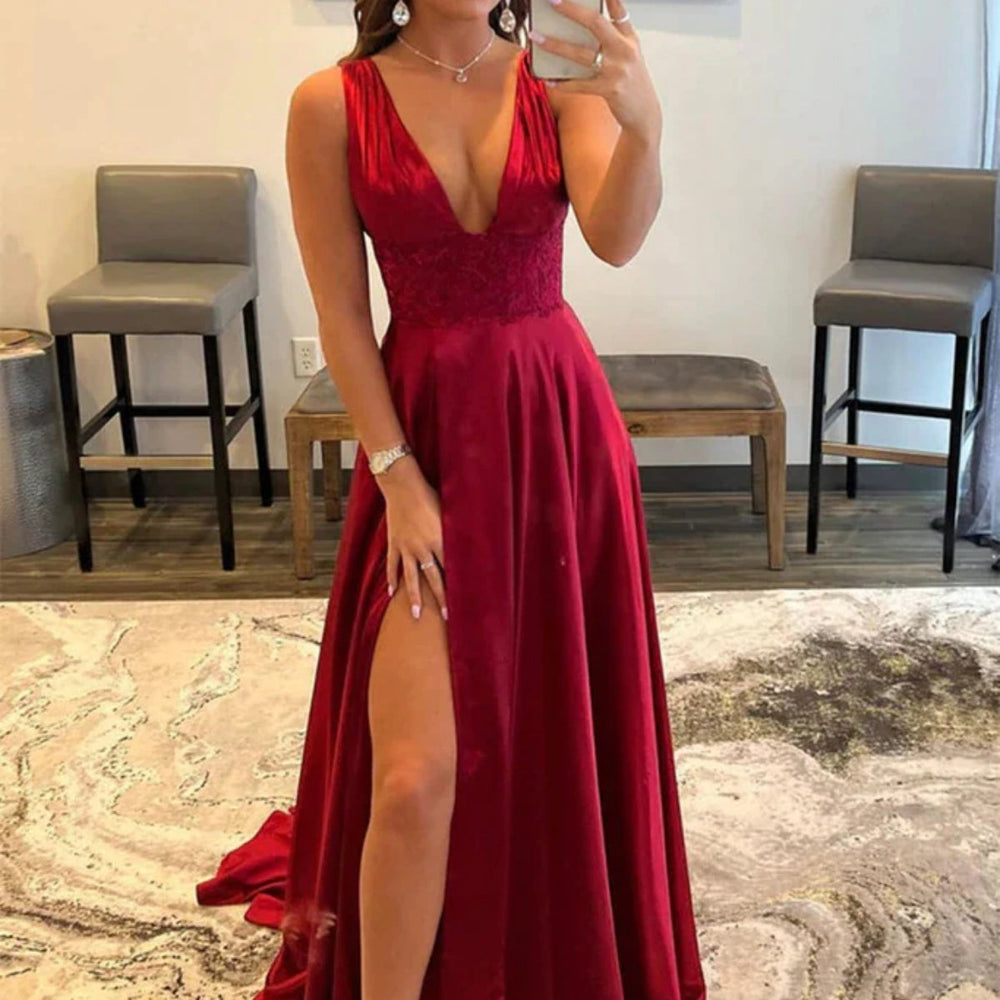 Open Back V Neck Burgundy Long Prom Dresses with High Slit, V Neck Burgundy Formal Graduation Evening Dresses 