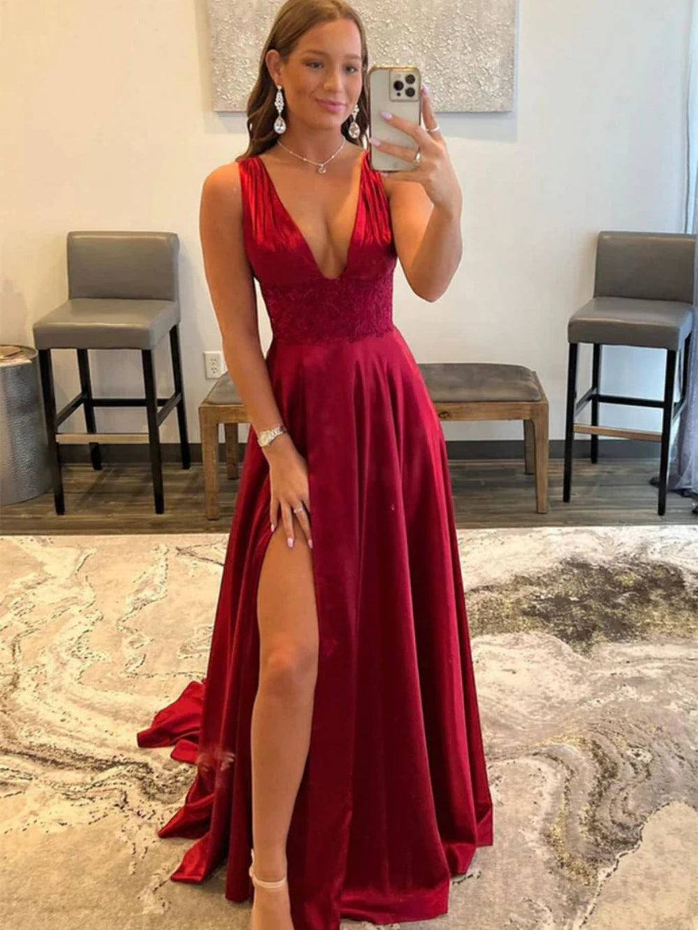 Open Back V Neck Burgundy Long Prom Dresses with High Slit, V Neck Burgundy Formal Graduation Evening Dresses 