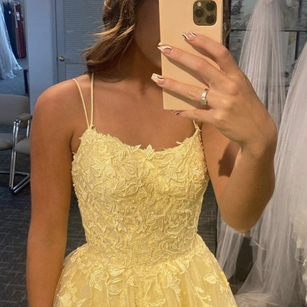 
                      
                        Open Back Yellow Lace Long Prom Dresses, Yellow Lace Formal Dresses, Yellow Evening Dresses 
                      
                    