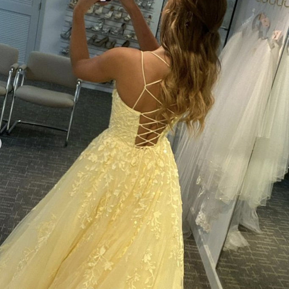 
                      
                        Open Back Yellow Lace Long Prom Dresses, Yellow Lace Formal Dresses, Yellow Evening Dresses 
                      
                    