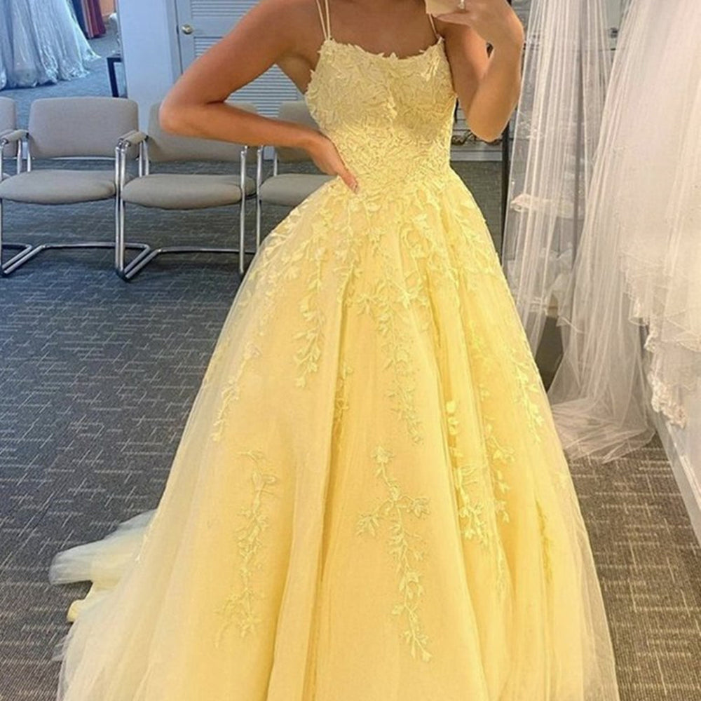 Open Back Yellow Lace Long Prom Dresses, Yellow Lace Formal Dresses, Yellow Evening Dresses 