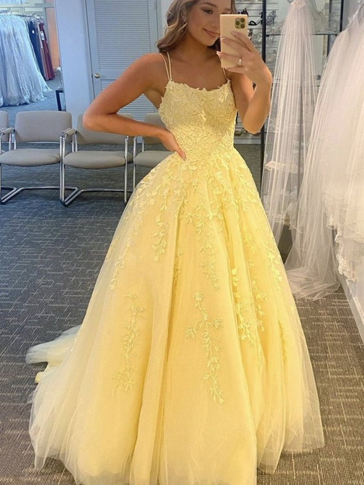 Open Back Yellow Lace Long Prom Dresses, Yellow Lace Formal Dresses, Yellow Evening Dresses 