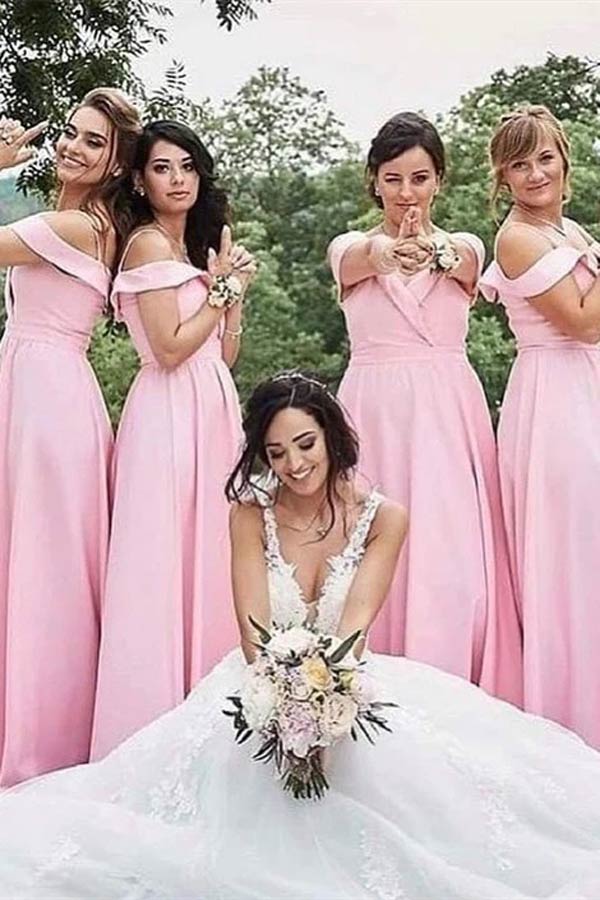 Open Shoulder Pink A-Line Long Bridesmaid Dress 