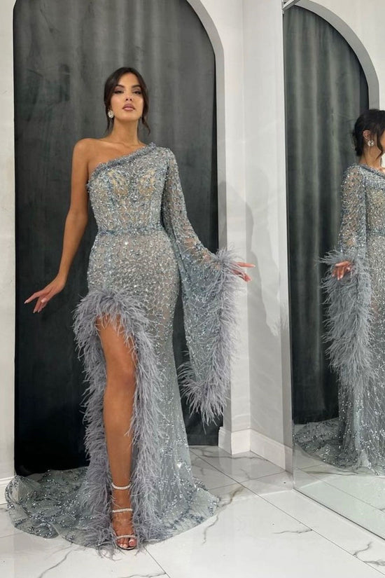 Opulent Feathered One-Shoulder Prom Gown with Intricate Beadwork