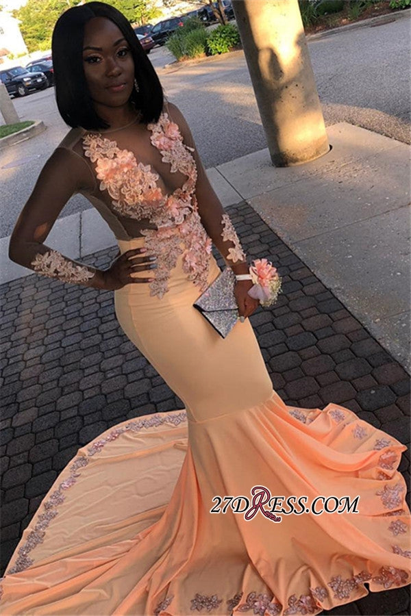 
                      
                        Orange Sheer Tulle Mermaid Prom Dresses | Flower Appliques Long-Sleeves Prom Gown BC1802
                      
                    