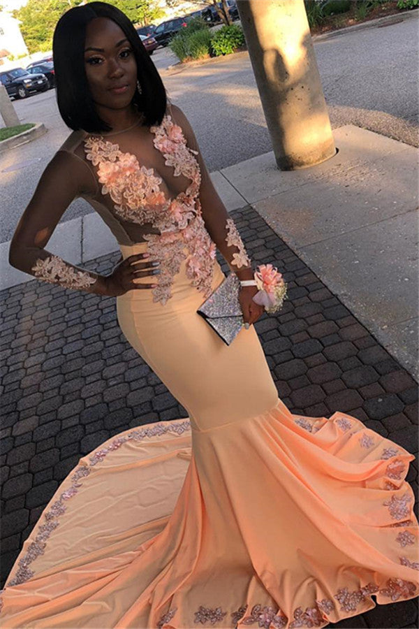 Orange Sheer Tulle Mermaid Prom Dresses | Flower Appliques Long-Sleeves Prom Gown BC1802