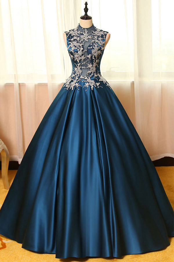 
                      
                        Peacock Blue Satin High Neck Prom Dress With Lace Appliques
                      
                    