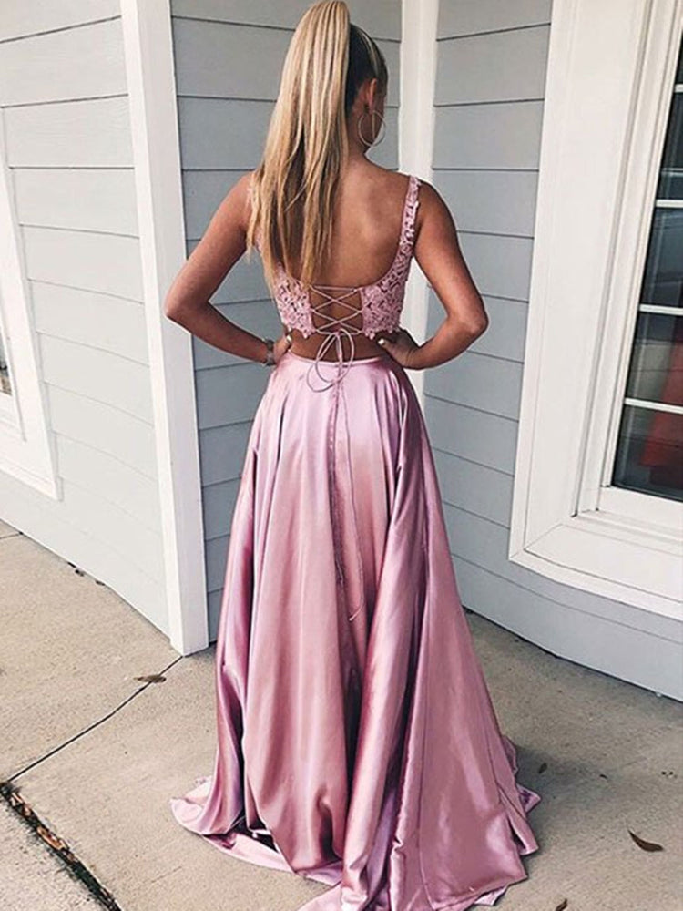 
                      
                        Pink 2 Pieces Lace Satin Long Prom Dresses with Side High Slit, 2 Pieces Pink Formal Evening Dresses, 2 Pieces Lace Pink Graduation Dresses with Cross Back
                      
                    