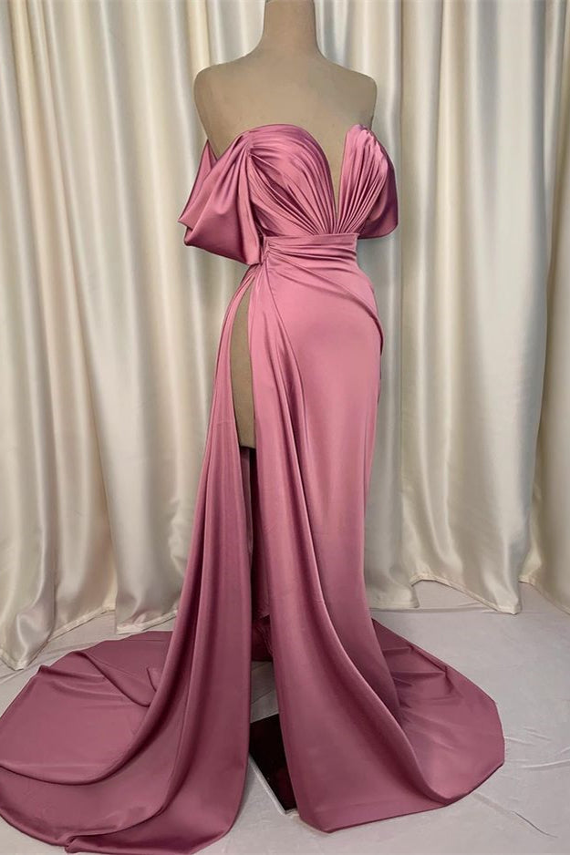 Pink Charmeuse V-Neck Evening Gown with Elegant Pleated Slit