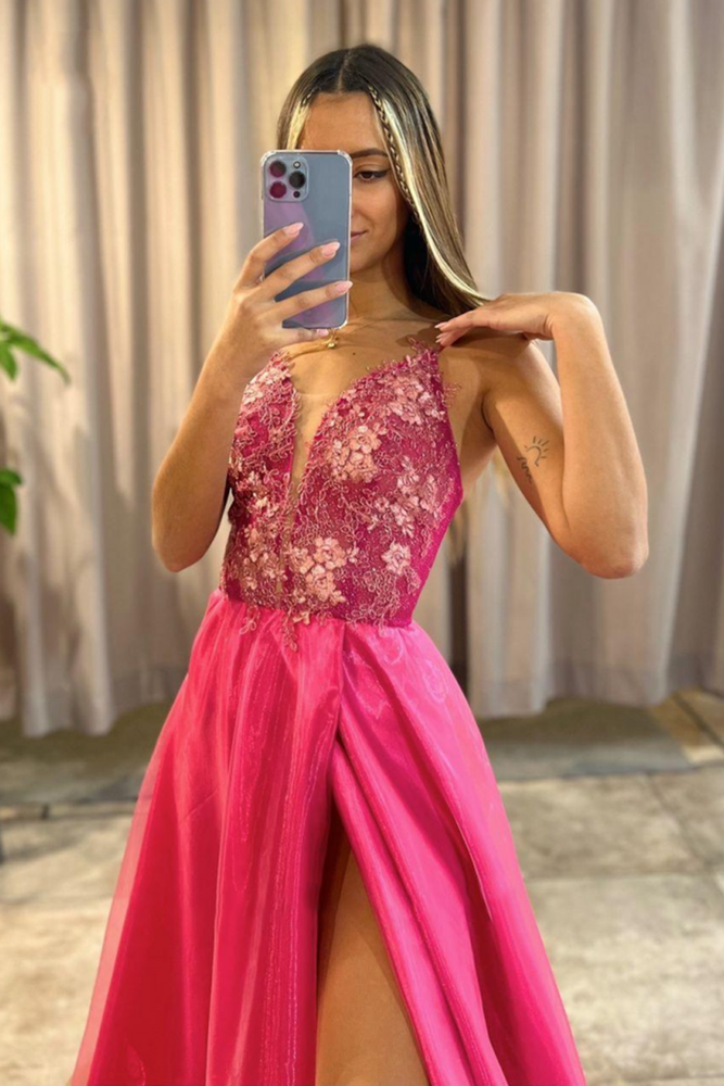 
                      
                        Pink Long Prom Dress with Slit A-Line V-Neck Lace Appliques
                      
                    