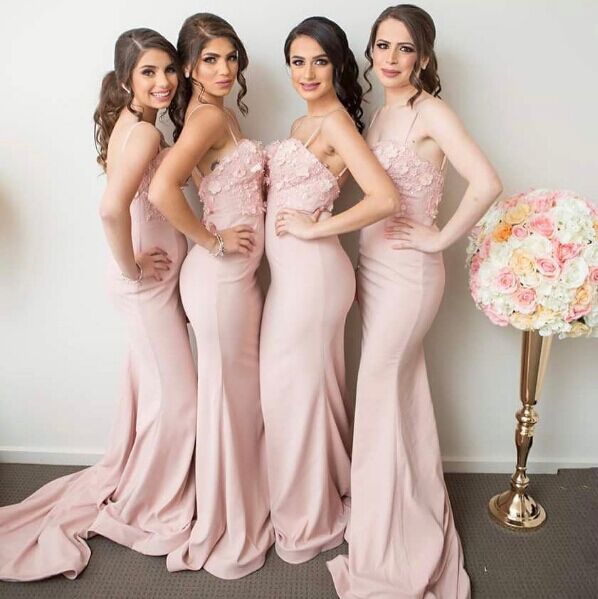 
                      
                        Pink Mermaid 3D-Floral-Appliques Spaghettis-Straps Bridesmaid Dresses
                      
                    