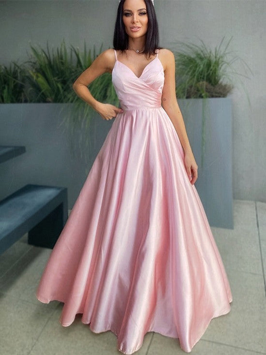 Pink Spaghetti-Straps Blushing Prom Dress