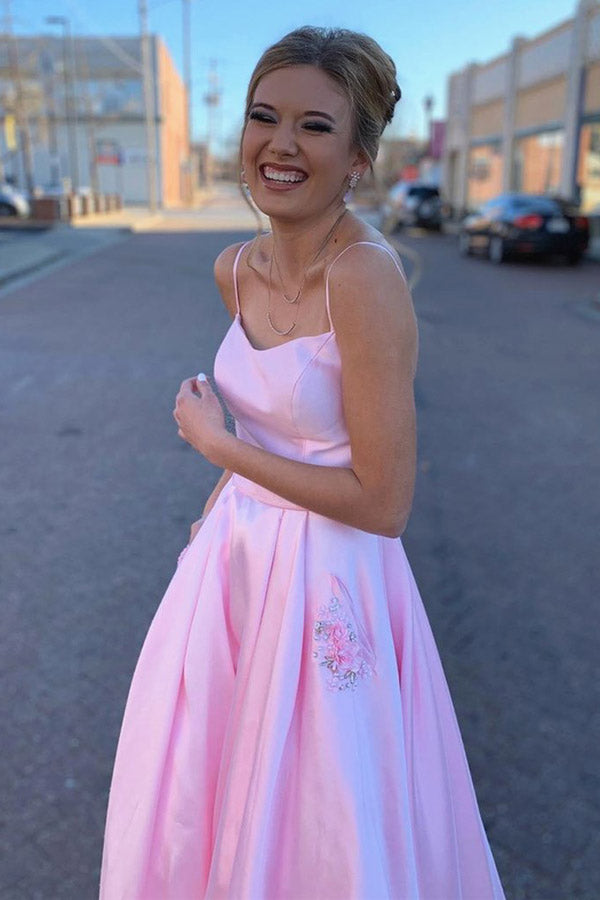 
                      
                        Pink Satin Spaghetti Straps Scoop Prom Dress With Pocket
                      
                    