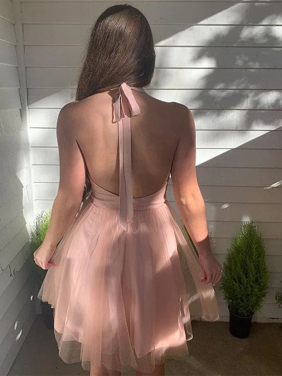 Pink Tulle A-line Halter Short Homecoming Dress