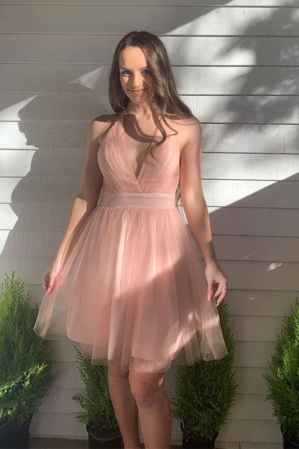 Pink Tulle A-line Halter Short Homecoming Dress