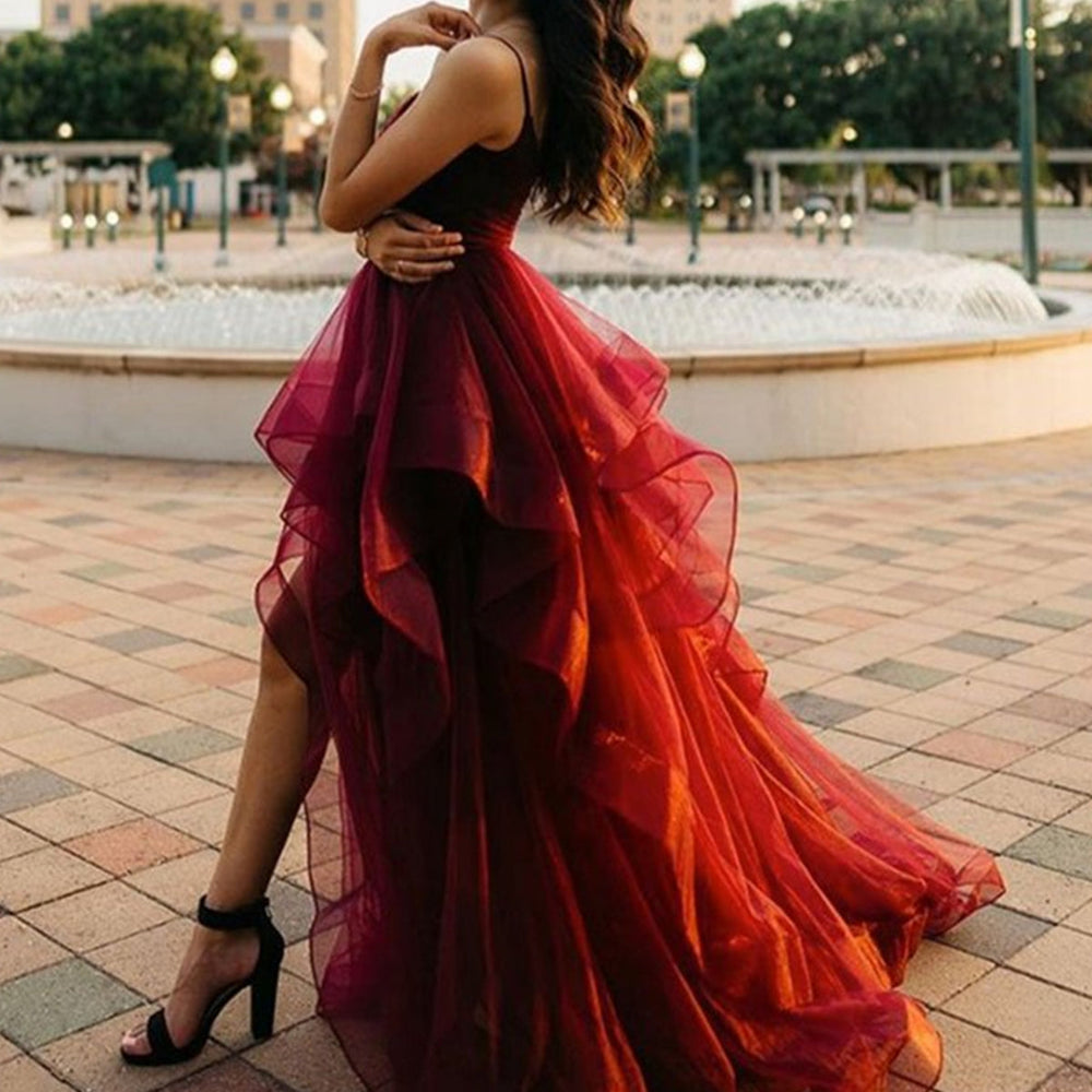 Pretty High Low Burgundy Long Prom Dresses, Wine Red High Low Formal Dresses, Fluffy Burgundy Evening Dresses