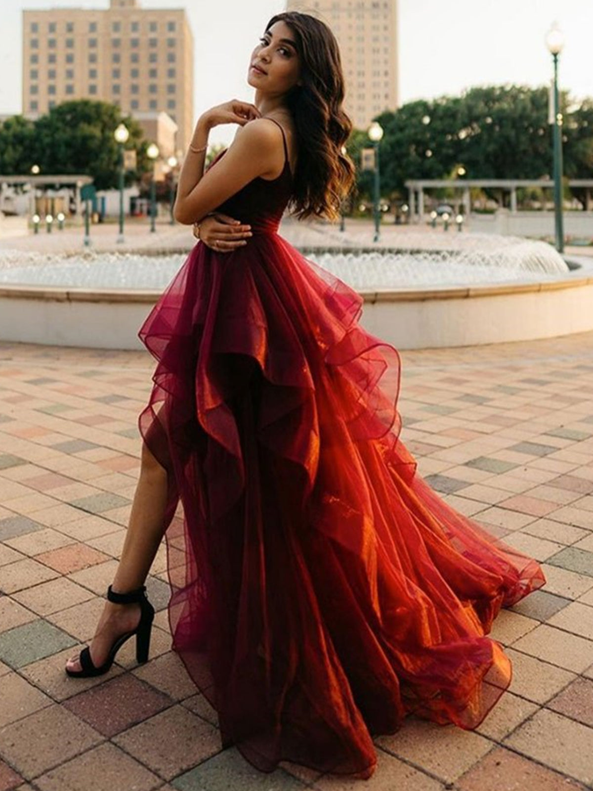 Pretty High Low Burgundy Long Prom Dresses, Wine Red High Low Formal Dresses, Fluffy Burgundy Evening Dresses